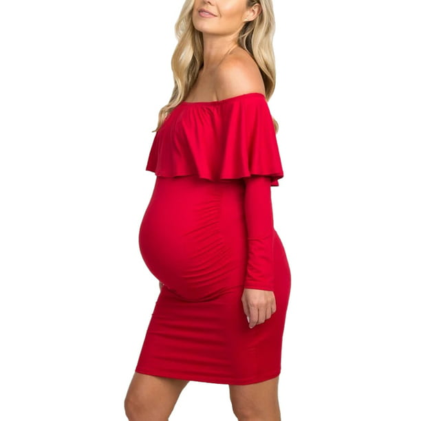 Pregnant Womens Summer Maternity Dress Casual Ruffles Off Shoulder Pleated Dress 